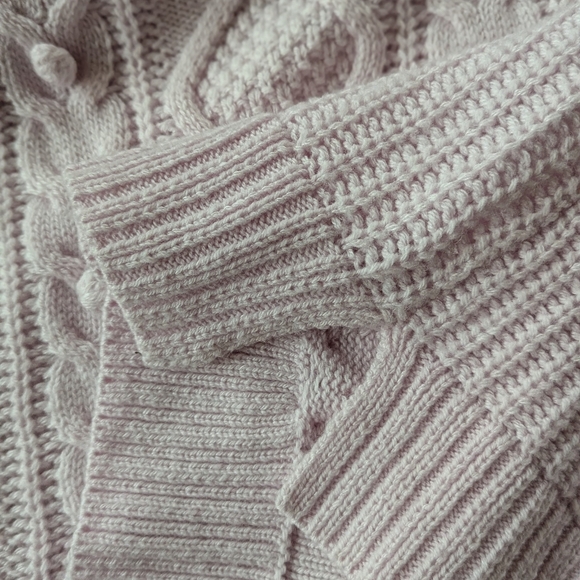 J. Crew Cable Knit Pom Pom Women's Lilac Azra Knit Lambswool Fisherman Sweater L - Picture 11 of 12